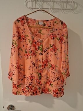 CMC 100% Linen Coral & Floral-print Collarless Relaxed-fit Blouse (Size M)